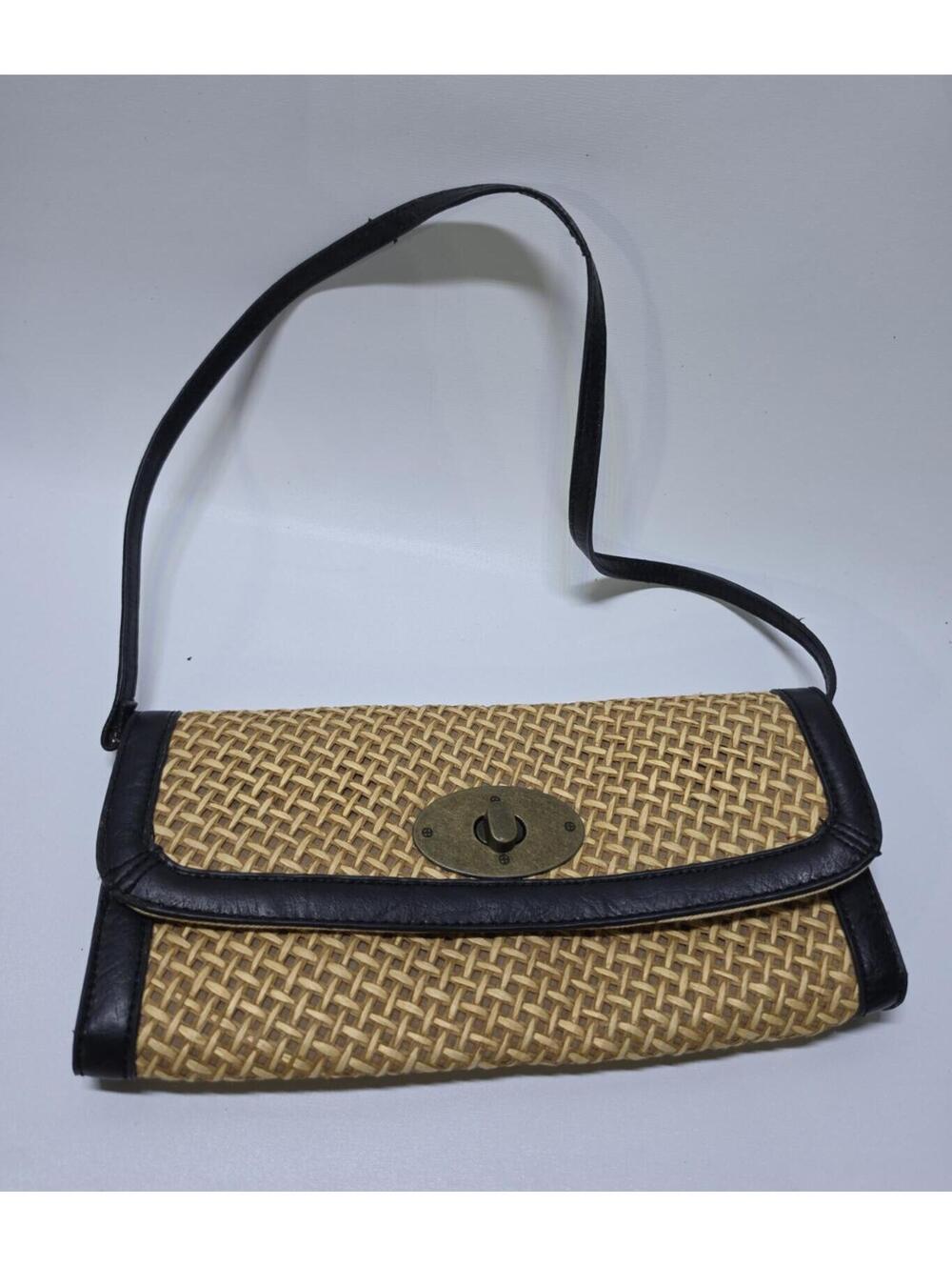 Straw Studios LTED Woven Straw Shoulder Bag Black Leather Trim Turn Lock Brass
